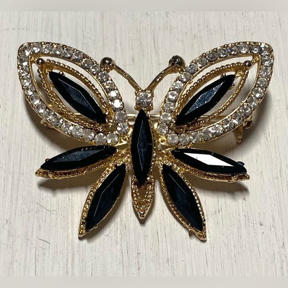 Vintage Jewelry - Gold Black Rhinestone Bead Butterfly Brooch Pin Accessory Vintage Classic Retro